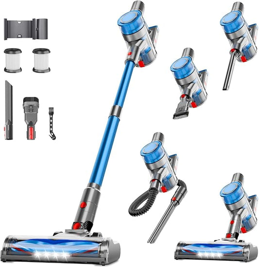 Cordless Vacuum Cleaner, Powerful Stick Vacuum Cleaner for Home with Rechargeable Battery, 6-in-1 Lightweight Handheld Vacuum, 45 Mins Runtime for Hardfloor & Carpets Pet Hair (Blue)