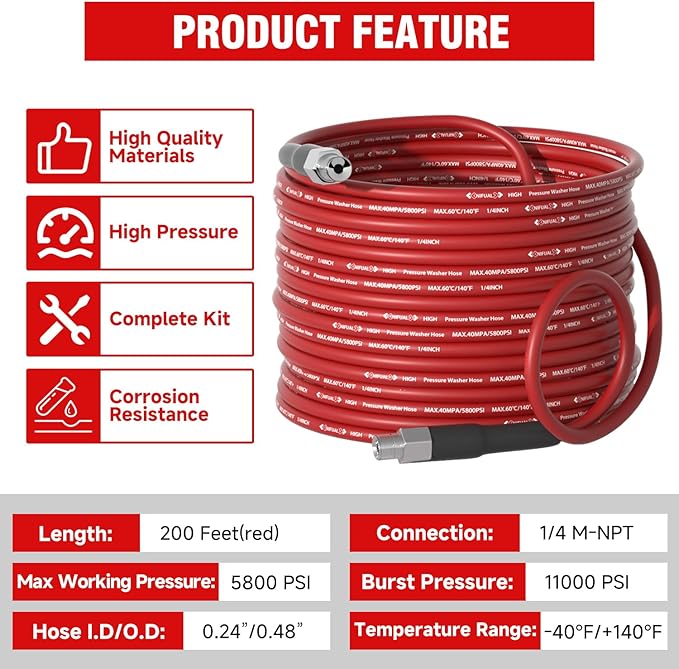 NIFUAL Sewer Jetter Kit for Pressure Washer,200FT 5800PSI Pressure Drain Cleaner 1/4 Inch NPT Corner Rotating and Button Hose Sewer Jetting Nozzle for Homeowners & DIYers (200FT)