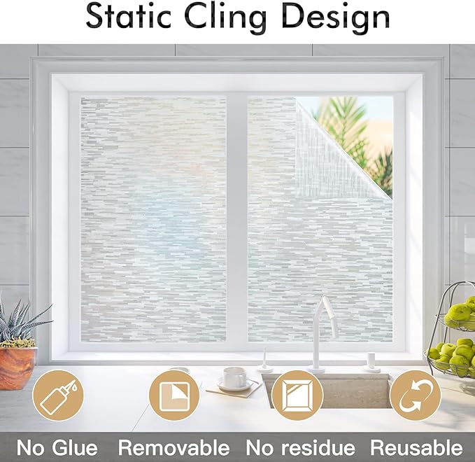 Haton Window Privacy Film, Frosted Glass Film, Sun Blocking Static Cling for Bathroom & Office, Heat Control Anti Glare Removable, UV Rejection Non-Adhesive Covering for Home, 17.5" x 78.7"