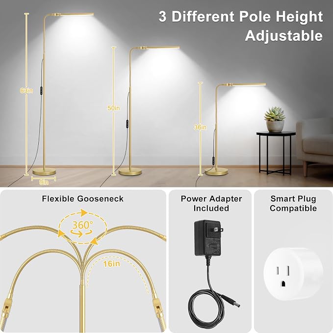 Gold Floor Lamp, 18W/2000LM Bright LED Floor Lamp for Living Room Office, Adjustable Gooseneck Dimmable Standing Task Lamp for Reading, Study, Arts, Eye Caring Craft Light for Sewing Tatoo Puzzle