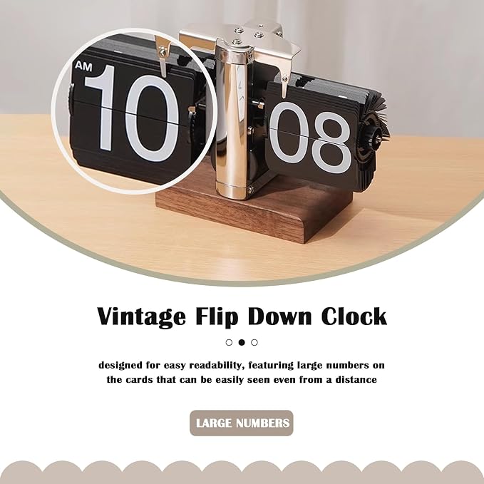 VBESTLIFE Retro Digital Flip Down Clock, Battery Powered Internal Gear Operated Clock, Classic Mechanical, Black Walnut Base, for Home & Office Decor (Silver)