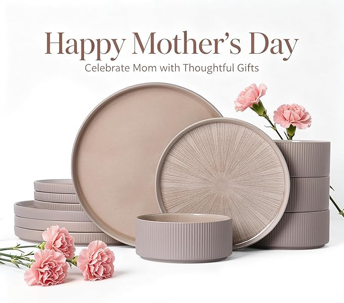 Dinnerware Sets for 4, Ceramic Plates and Bowls Set 12 Piece Dinnerware Chip Resistant Stoneware with Advanced Inkjet Printing Technology, Dishwasher and Microwave Safe-Dusty Brown