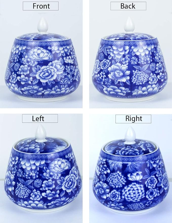 Dahlia Blue and White Porcelain Tea Canister for Loose Tea, Airtight Jingdezhen Tea Caddy, Peony 850 ML
