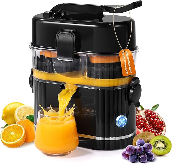 Electric Orange Juicer, Dual-Head Citrus Juicer Squeezer with Power Cord & Cleaning Brush, Built-in Cutter, One-Touch Automatic Electric Juicer Machine for Orange, Lemon and Grapefruit, Black