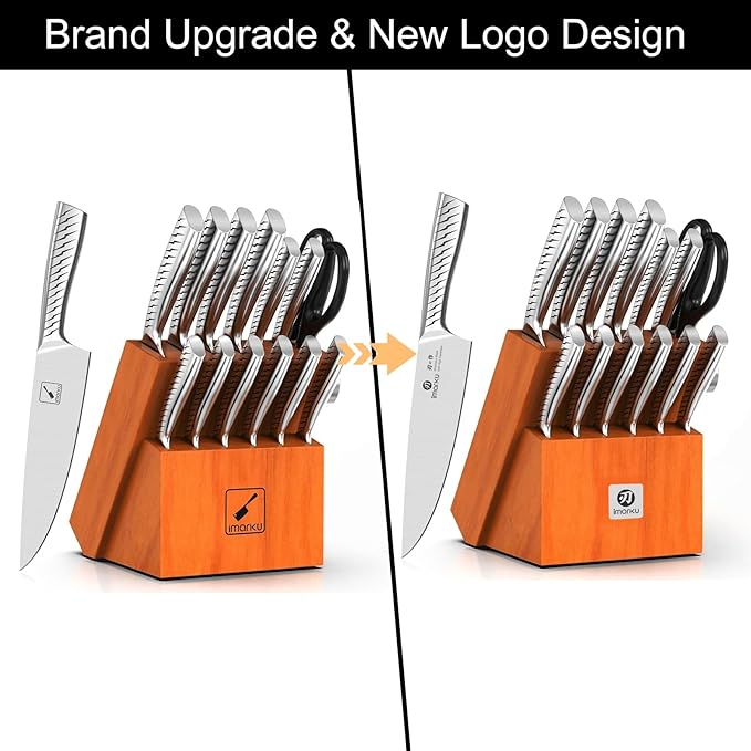 imarku 14-Piece Knife Set with Block, High Carbon Stainless Steel Kitchen Knives with Built-in Sharpener, Dishwasher Safe, Ergonomic Non-Slip Handle, Perfect for Home Cooks & Chefs, Brown
