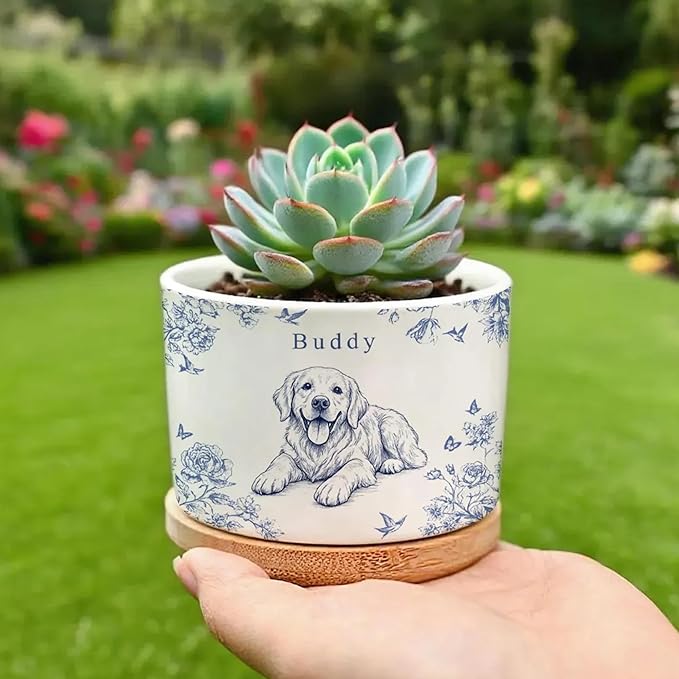 Personalized Pet Portrait Toile De Jouy Plant Pot, Custom Dog Photo Plant Pot for Dogs Mom, Pet Mom Gifts, Cat Lover Gifts, Pets Lover Gift, Memorial Dog Cat Gift