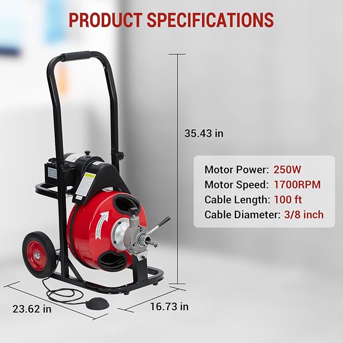 Auto Feed 100'x 3/8" 250w Drain Cleaner Machine, Automatic Feed Drain Cleaning Machine with 8 Multi-Style Cutters & Shock-Absorbing Wheels for Toilet/Sink/Pipe Clogs