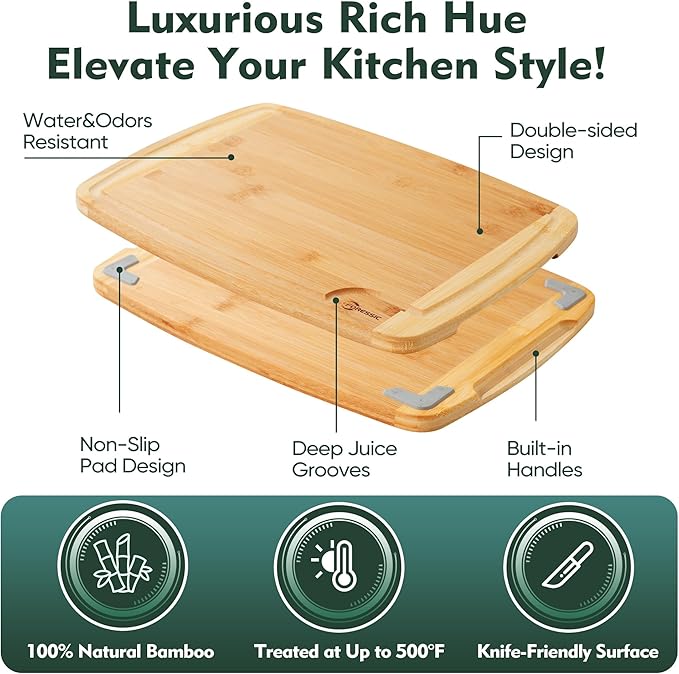 Bamboo Cutting Board Set Non Slip Feet Butcher Block 2-Pcs With Smooth Surface Knife-Friendly and Easy Storage For Kitchens Meal Prep & Serving Kitchen Gadgets