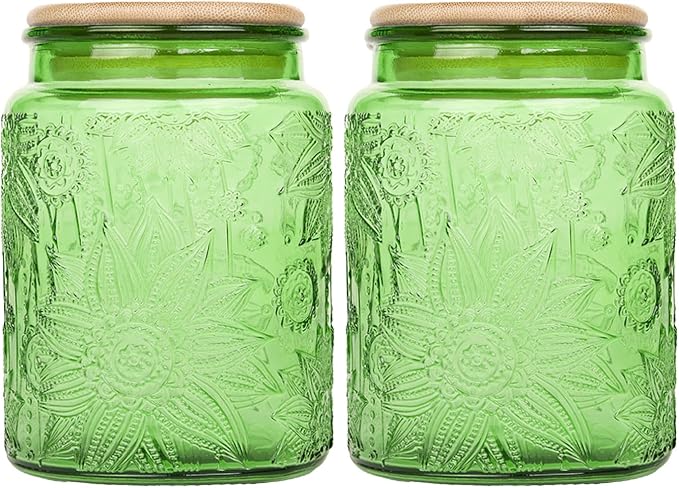 Custde Glass Storage Jars With Airtight Lid, 23.7oz Canister For Kitchen Counter with Bamboo Lid, brown sugar, candy, coffee, cookie, salt, tea,pantry cute Jar (Green 2-Pack, 23.7 fl oz)