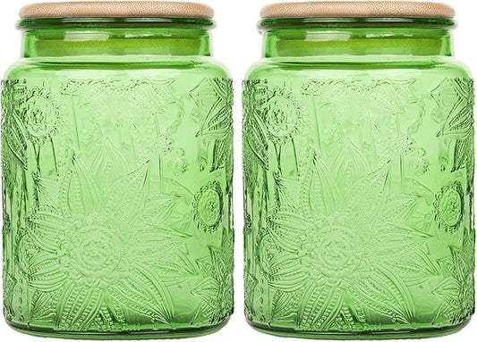 Custde Glass Storage Jars With Airtight Lid, 23.7oz Canister For Kitchen Counter with Bamboo Lid, brown sugar, candy, coffee, cookie, salt, tea,pantry cute Jar (Green 2-Pack, 23.7 fl oz)