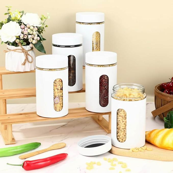 Mimorou 6 Pack Kitchen Canisters Set Airtight Coffee Sugar Tea Storage Jars with Window Glass Stainless Steel Containers with Lids for Flour Cookies Spices Grains Kitchen Decorations(White,32 oz)
