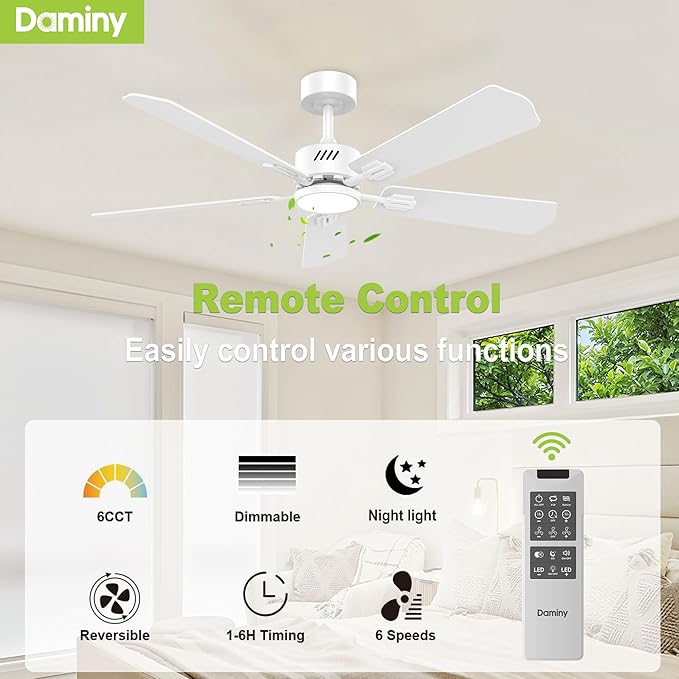 DAMINY 52 inch Ceiling Fan with Light,6CCT,5 Blade,Low Profile Ceiling Fan with Light and Remote Control,Downrods,White,Living Room,Indoor/Outdoor Use