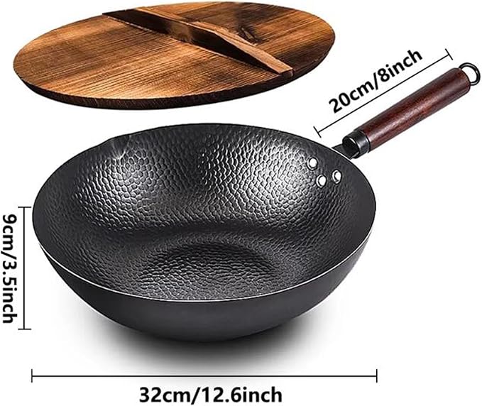 Frying pan 12.6" Carbon Steel Wok with Wooden Lid, Non-Coated Stir Fry Pan Multi-Functional Cooking Pan for Induction, Gas & Electric Stoves