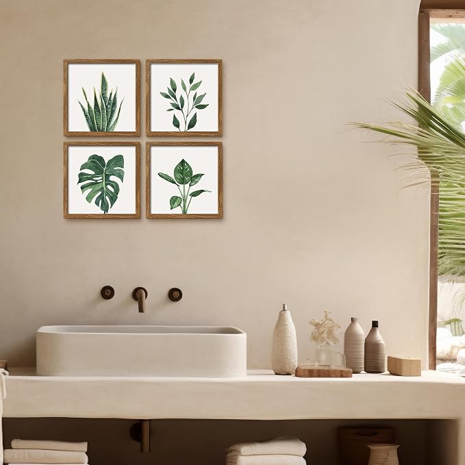 ArtbyHannah Framed Bathroom Wall Art Decor, 8x8 Inch 4 Pack Botanical Gallery Wall Frame Set Modern Farmhouse Sage Green Prints Artwork for Spa, Restroom, Bedroom, Office Decoration (Walnut)