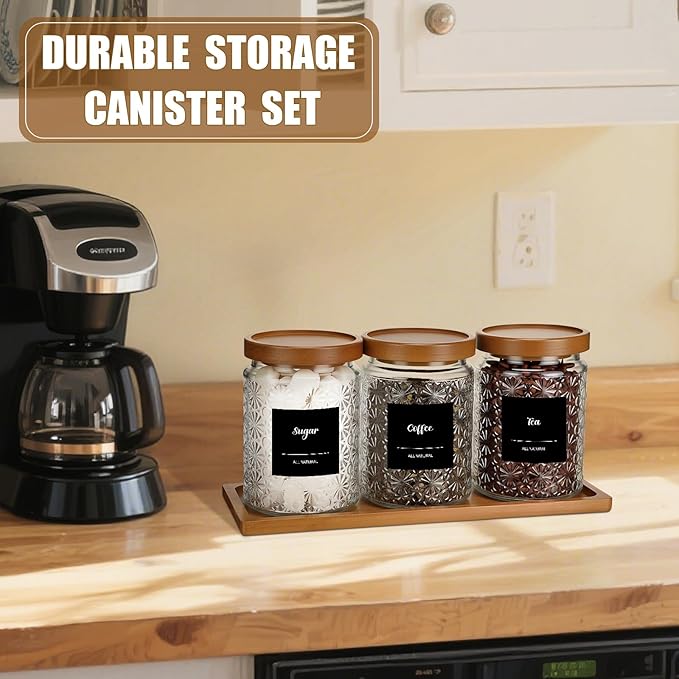 3 Pcs Glass Coffee Container Set with Wooden Lid Spoon Shelf Labels Clear Sugar Tea Airtight Jar Food Storage Canisters Set for Spice Holder Coffee Bar Gifts(Star,24 oz)