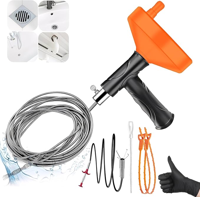 Drain Snake Auger, Plumbing Snake Drain Hair Clog Removal Tool, Sink Unclogger Drain, Heavy Duty Drum Auger, Cleaner Tool for Bathroom Kitchen Tub Shower Drain Clog Remover with Gloves (33 Feet)