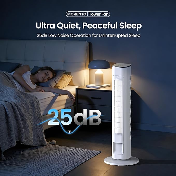 MORENTO 36-Inch Smart Tower Fan with Remote, 25ft/s Standing Fan with WiFi, App & Voice Control, 4 Modes, 4 Speeds, 12-Hour Timer, 90° Oscillating Fan for Bedroom and Office, White, 1 Pack