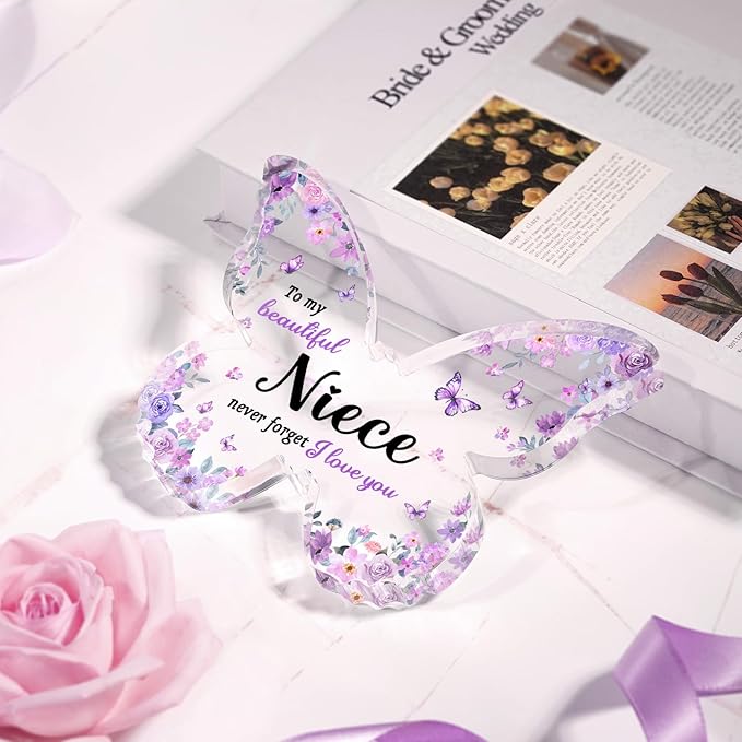 Niece Gifts from Auntie Aunt Uncle - Unique Purple Butterfly Acrylic Plaque Desk Decor - Mothers Day Christmas Valentines Day Graduation Gift for Niece - 5 x 3.8 x 0.5 inches