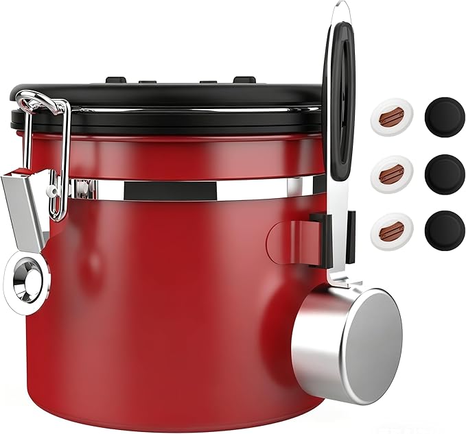 ShanSon Coffee Canister Airtight Coffee Container Stainless Steel Coffee Bean Storage Container with Scoop Coffee Canister for Beans Grounds Sugar Flour Tea Cereal,11OZ,Red