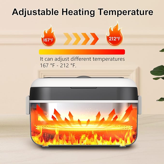 Cordless Electric Heated Lunch Box, XL 6.3Cups Rechargeable Food Warmer Lunch Box with Self Heating, Smart Timer, Adjustable Temperature, Leakproof, BPA Free, Removable Divider Black