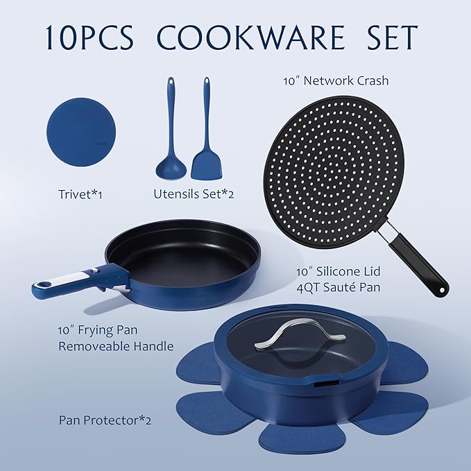 CAROTE 10-Piece Pots and Pans Set, Nonstick Cookware Set Detachable Handle, Frying Pan with Splatter Screen, Oven Safe, Induction Ready, Stackable, Blue