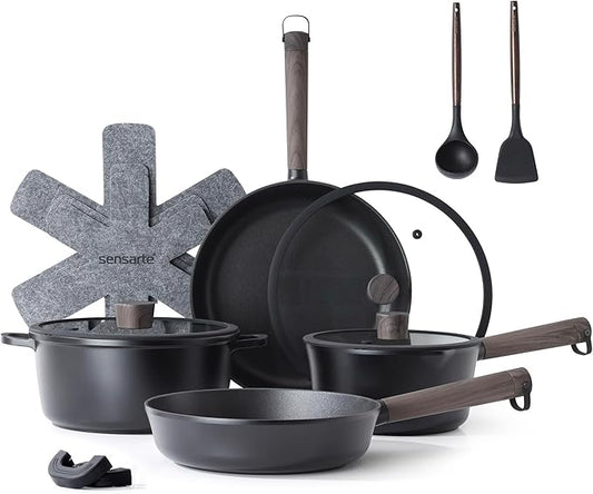 SENSARTE 13Pcs Pots and Pans Set Nonstick Cookware Set Kitchen Cooking Frying Pans with Stay-cool Handle, Dishwasher Safe, Induction Compatible, PFOA/PFOS Free, Black