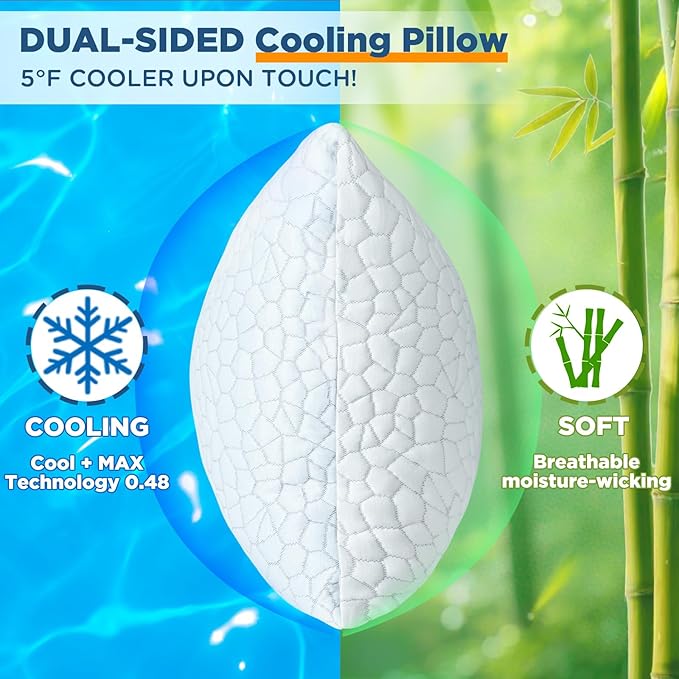 Cooling Pillow Standard Size 1 Pack, CertiPUR-US Shredded Memory Foam Pillows, Cool Bed Pillows for Hot Sleepers, Adjustable Firm Pillow for Side,Back,Stomach Sleepers, Better Sleep Gift for Mom