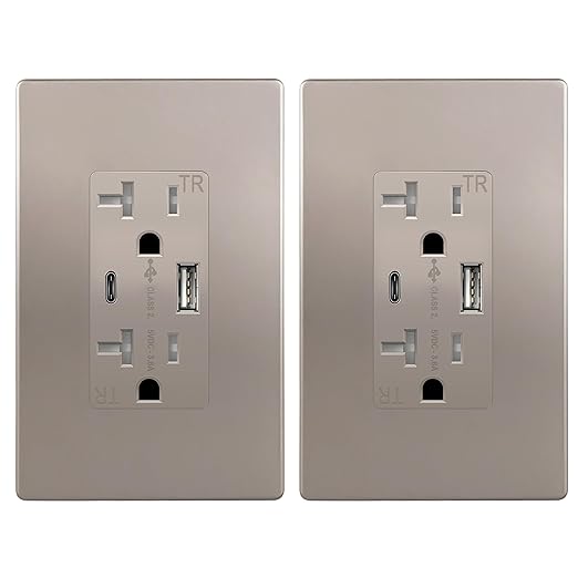 TOPGREENER 2-Port USB Outlet, Type C USB Wall Charger Outlet, 20 Amp TR Receptacle Plug, Charging Power Outlet with USB Ports, Wall Plate Included, UL Listed,TU22036AC-NKWSI-2PCS, Nickel, 2Pack