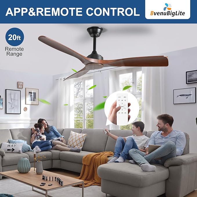 Ceiling Fan Without Light: 52 Inch Outdoor Fan for Patios - Walnut Ceiling Fan No Light Indoor - Modern 3 Blade Fan with Remote APP Control Reversible 6 Speed DC Motor