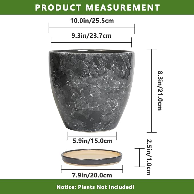 Ceramic Pots for Plants - 10 Inch Planter for Indoor Outdoor, Decorative Round Flower Pot with Drainage Hole and Saucer, Garden Patio Living Room Home Decor, Housewarming Gifts, Grey