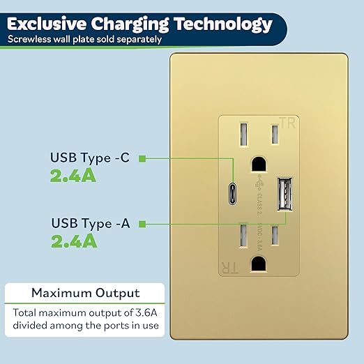 TOPGREENER USB Outlet, Type C & Type A Wall Outlet, 15 Amp Tamper Resistant Receptacle Plug, Charging Power Outlet with USB Ports, Wall Plate Included, UL Listed, TU21536AC-GDWSI-2PCS, Gold, 2 Pack