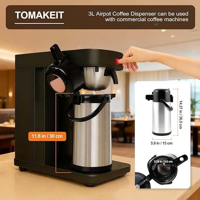 TOMAKEIT Airpot Coffee Carafe for Keeping Hot,102oz/3L Coffee Dispenser Thermal with Pump,Insulated Stainless Steel Hot Beverage Dispenser for Parties,Thermal Carafe for Hot Drinks Water Tea Chocolate