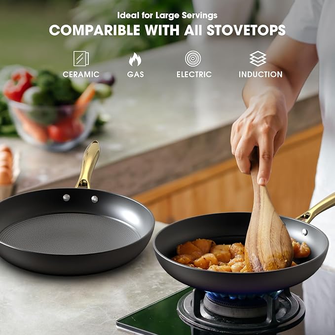 imarku Frying Pans, 10 & 12 Inch Cast Iron Skillets with Honeycomb Surface | Non Stick Frying Pans, Oven Safe & Induction Compatible, Ergonomic Stay-Cool Handle, Gold