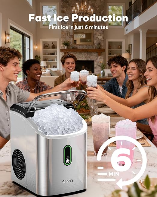Silonn Nugget Ice Maker Countertop, Pellet Ice Machine with Self-Cleaning Function, Sonic Ice Maker Produces 36lbs of Chewable Ice in 24 Hours, Ideal for Home Kitchen and Office (Stainless Steel)