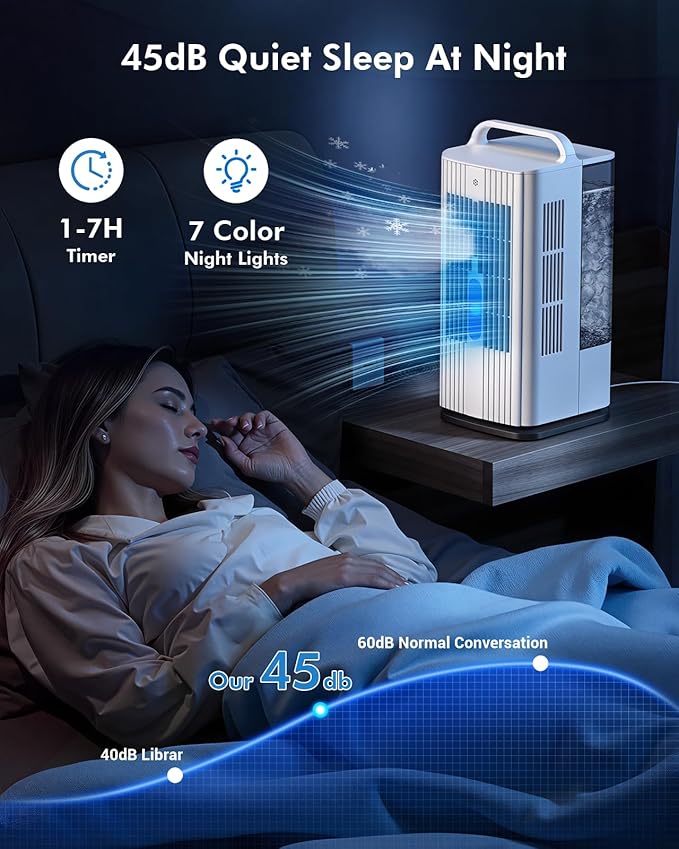 4-in-1 Portable Air Conditioners: 1700ml Tank Mini Air Conditioner with 120° Oscillating 16.5ft Remote - Evaporative Air Cooler with 3 Speed & 7 Lights 1-7H Timer - Portable AC Unit for Bedroom
