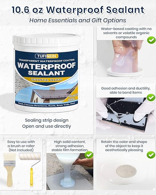 Transparent Waterproof Coating, TUFINEIN 10.6oz Invisible Waterproof Agent Indoor & Outdoor Sealant Water-Based Clear Sealant Roofs, Walls, Garden, Terraces