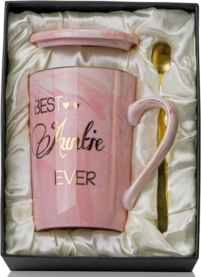 Aunt Gifts for Aunts from Niece - Mothers Day Birthday Gifts for Aunt, 14Oz Pink Marble Ceramic Coffee Mugs Print with Real Gold, Best Aunts Auntie Ever Gift Mug with Lid Spoon Card, Nice Box
