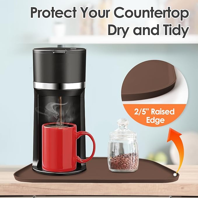 TOHONFOO Silicone Coffee Maker Mat with Lip, 17.4'' x 10.6'' Heavy Duty Coffee Maker Mat for Countertops, Coffee Tray Fit Under Coffee Machine Appliance Automatic Machines Espresso Accessory, Brown