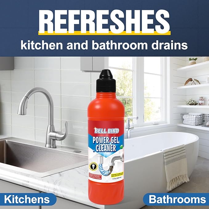 Bell Bird Drain Clog Remover & Pipe Cleaner - Thick Power Gel Dissolves Hair, Grease, and Soap Scum - Septic Safe Odor Eliminator for Kitchen Sinks, Tubs, Showers & Toilets (Pack of 2)