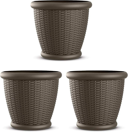 Suncast 3 Pack Wicker Planter w/Drillable Drain Holes, Decorative Indoor/Outdoor Pot, 18in, Java