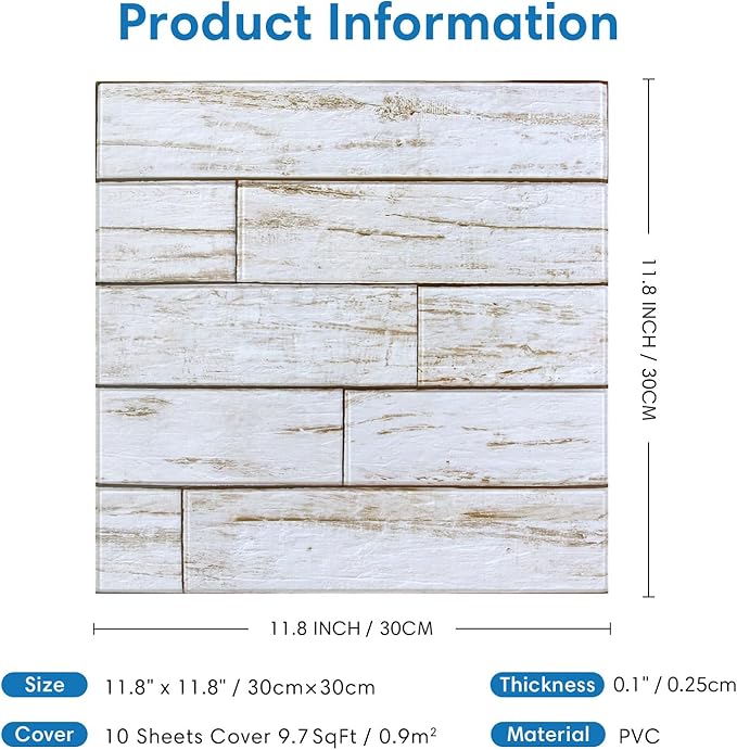COMSTICKC Peel and Stick Faux Wood Wall Sticker Wall Panels, 10 Pcs of 12" x 12", Not Real Wood, Ultra-Light Thin PVC 3D Fake Wood Shiplap Self-Adhesive Wall Covering Wallpaper for Interior Decor