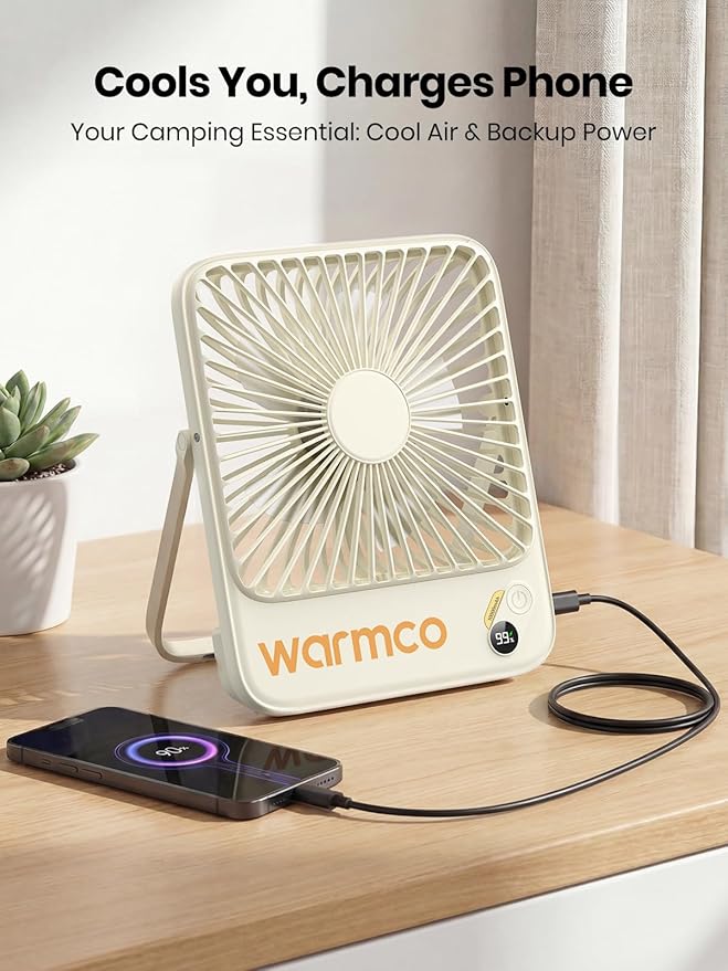Warmco 10000mAh Portable Travel Fan 7-inch, Max 24H Runtime, Ultra-thin Quiet Rechargeable Battery Operated Desk Fan with Digital Display for Camping, Office, Bedroom, Cruise Essentials