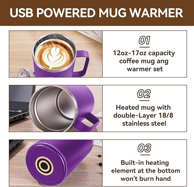 DEQIANG Self Heating Coffee Mug, Heated Coffee Mug with Smart Mug Warmer & Ergonomic Handle, Auto Heat to 131°F, USB-Powered Desk Warmer for Office Home Use, Ideal Coffee Lovers Gift (17oz Purple)