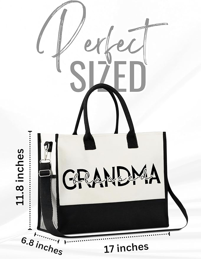InnoBeta Grandma Gifts, Canvas Tote Bag on Christmas or Birthday & Mother's Day, Tote with Top Zipper Closure and Shoulder Strap - Blessed Grandma