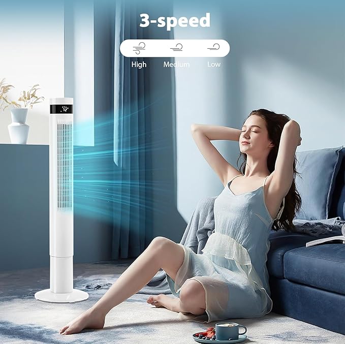 Antarctic Star Tower Fan 85°Oscillating Fan Quiet Cooling 12H Timer Remote Control Bladeless Electric 3 Speeds Wind 3 Modes, 42INCH, WHITE