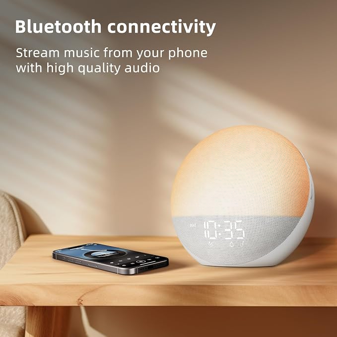 Odokee Sunrise Alarm Clock White Noise Machine: Natural Wake Up Light | Dimmable Clock with Bluetooth Speaker for Bedroom - 25 Sleep Sounds for Baby Adults Kids Frost White