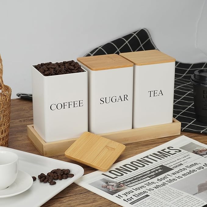3Pcs Coffee Tea Sugar Container Set,White Iron Storage Tin with Bamboo Lid and Tray, Square Airtight Food Container Jars for Farmhouse Kitchen Dining Room Countertop Decor