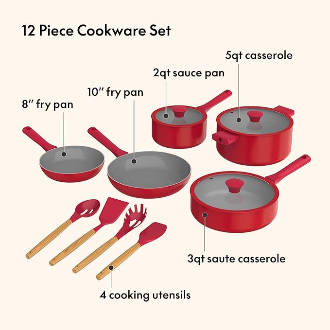 So Yummy by bella 12 Piece Cookware Set w EverGood™ Ceramic Nonstick Coating and Silicone & Wood Utensils, Dishwasher Safe Silicone & Glass Lids, Oven Safe & All Stovetop Compatible, Red