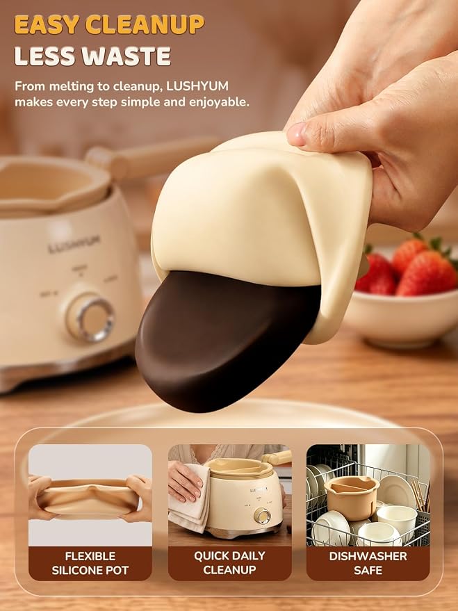 Electric Chocolate Melting Pot with 2 Insert Pots, 4-Cup Chocolate | Even Heating & Fast Melting, BPA-Free Silicone, Easy Clean, Less Waste, Ideal for Chocolate & Candy Melts, Parties & Fondue