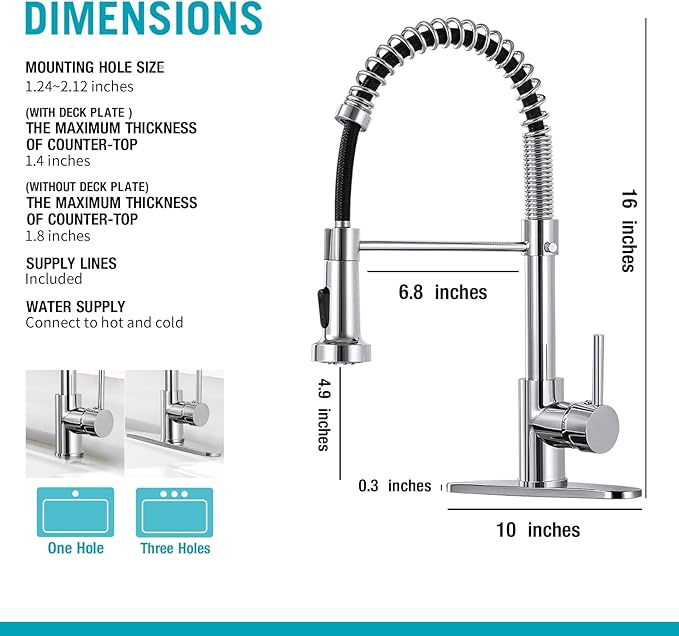 DJS Kitchen Faucets with Pull Down Sprayer Chrome High Arc Single Handle 1 or 3 Holes Spring Kitchen Sink Faucet with Deck Plate for Farmhouse RV Vessel Basin